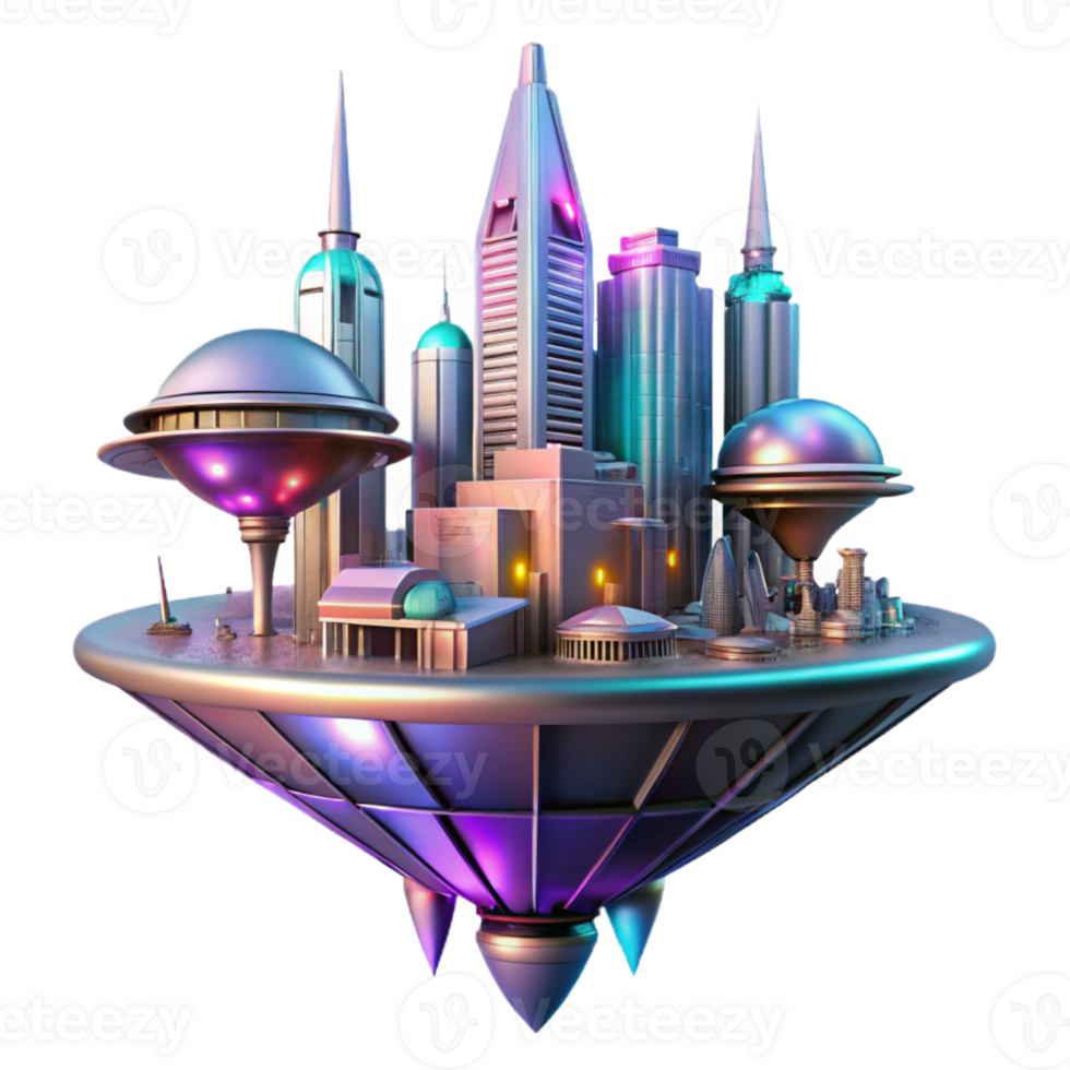 serene abstract A futuristic floating city, sleek metallic structures, neon lights, vibrant colors, cyberpunk style, low angle view high resolution png