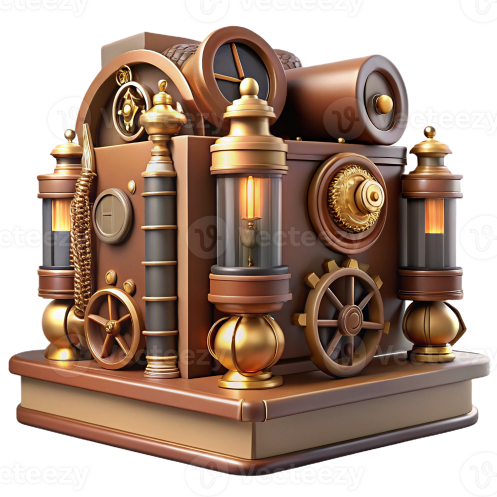 wonderful modern A steampunk library, filled with leather-bound books and intricate clockwork devices, warm, inviting lighting, Victorian style detailed png
