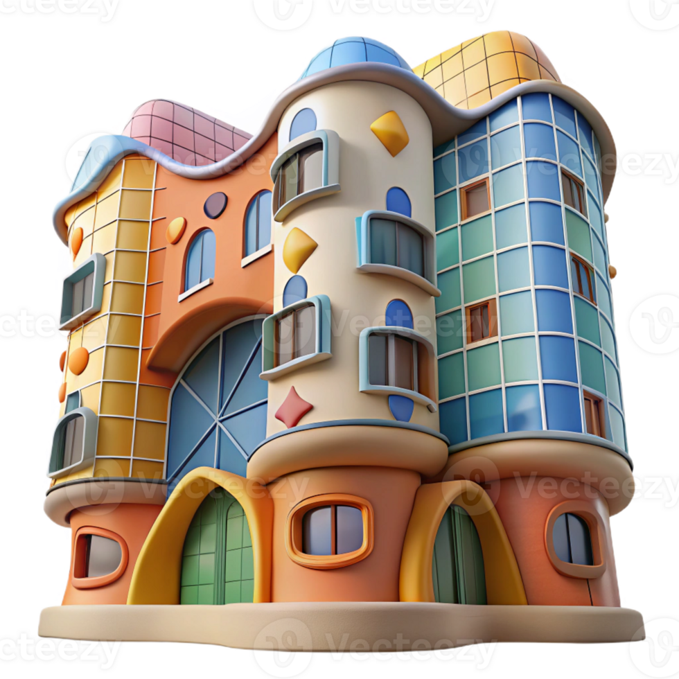stunning creative Gaudi-inspired apartment building, curved walls, mosaic tiles, bright colors, whimsical style, fish-eye lens authentic png