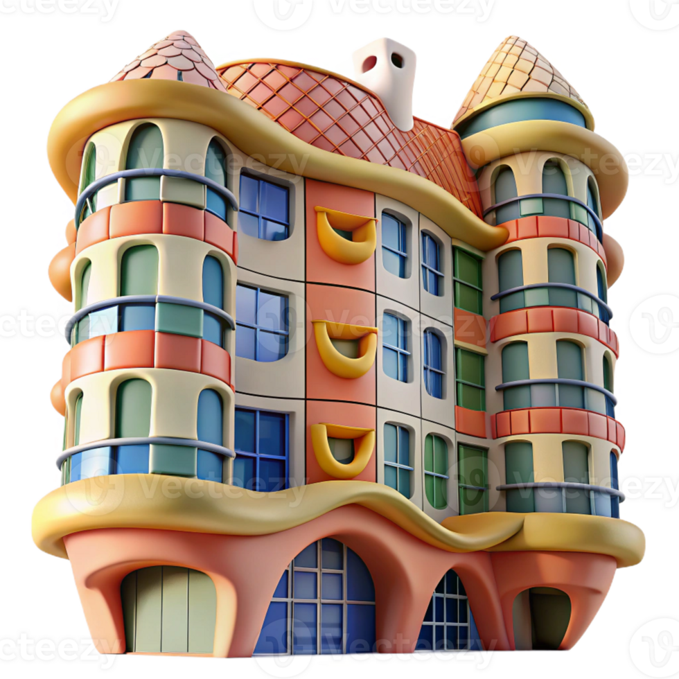 serene creative Gaudi-inspired apartment building, curved walls, mosaic tiles, bright colors, whimsical style, fish-eye lens premium png