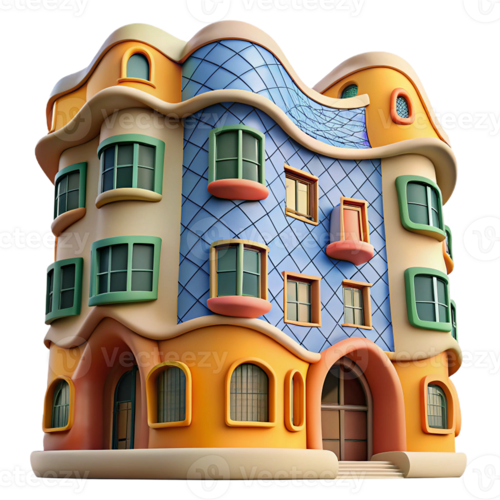 serene creative Gaudi-inspired apartment building, curved walls, mosaic tiles, bright colors, whimsical style, fish-eye lens detailed png