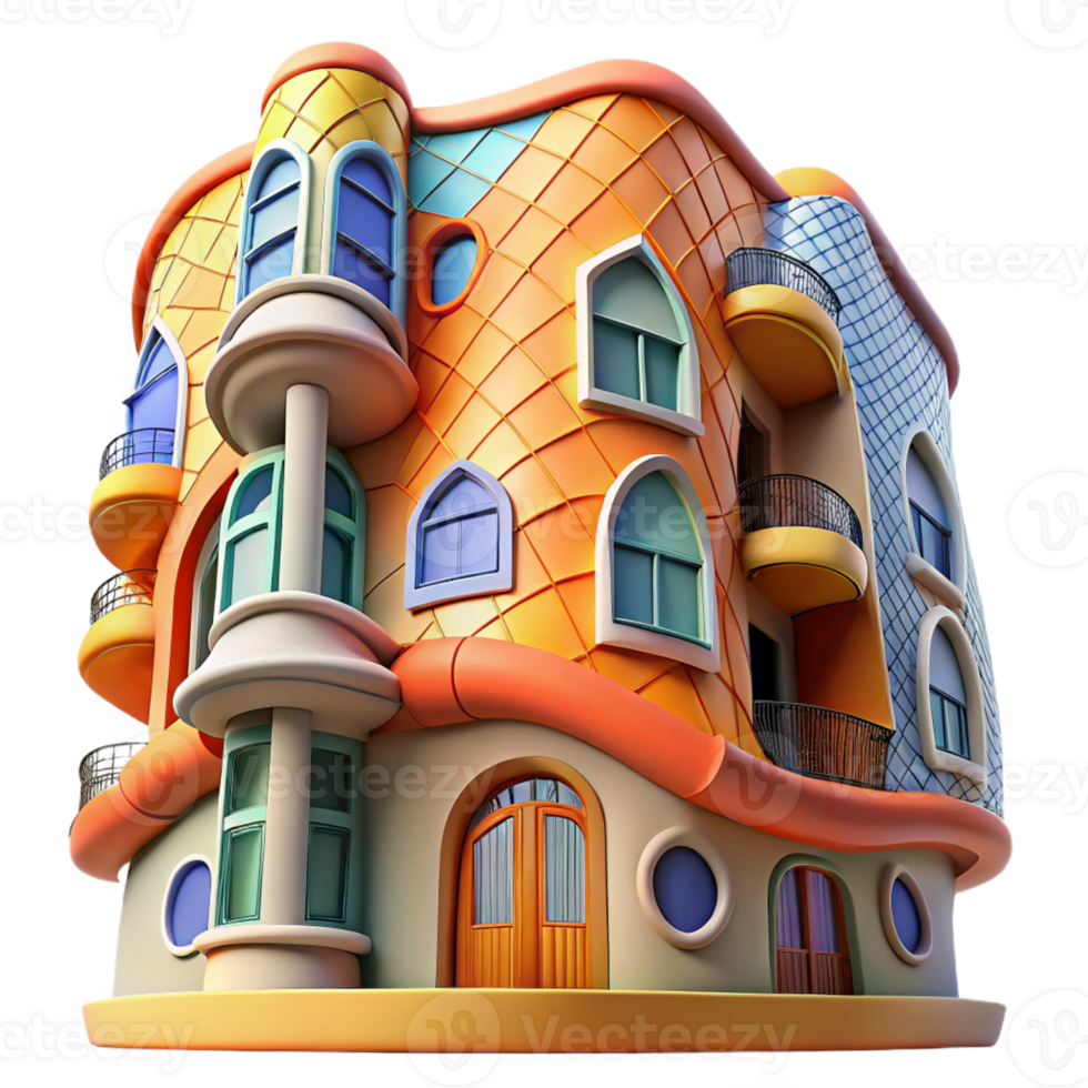 vibrant minimalist Gaudi-inspired apartment building, curved walls, mosaic tiles, bright colors, whimsical style, fish-eye lens genuine png