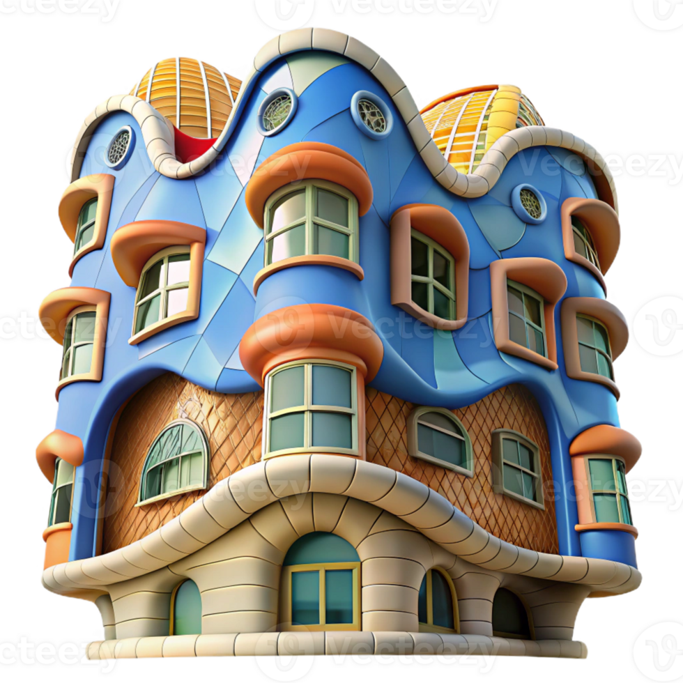 elegant contemporary Gaudi-inspired apartment building, curved walls, mosaic tiles, bright colors, whimsical style, fish-eye lens high quality png