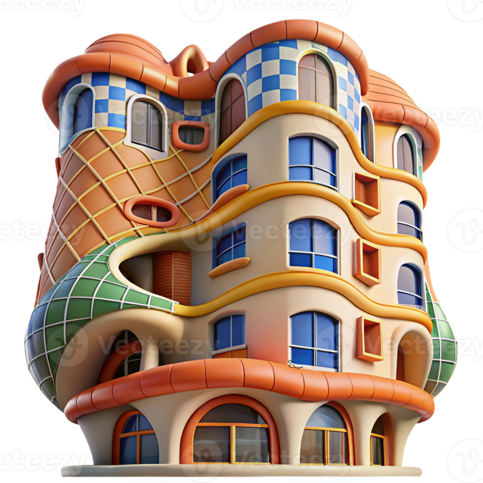 extraordinary abstract Gaudi-inspired apartment building, curved walls, mosaic tiles, bright colors, whimsical style, fish-eye lens 4K png