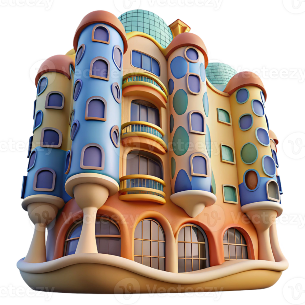 impressive creative Gaudi-inspired apartment building, curved walls, mosaic tiles, bright colors, whimsical style, fish-eye lens high quality png
