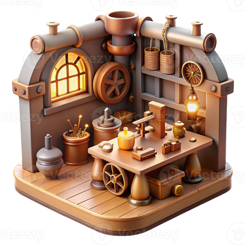 wonderful vintage A steampunk workshop, cluttered with tools, gears, and half-finished inventions, warm, natural lighting, realistic style premium png