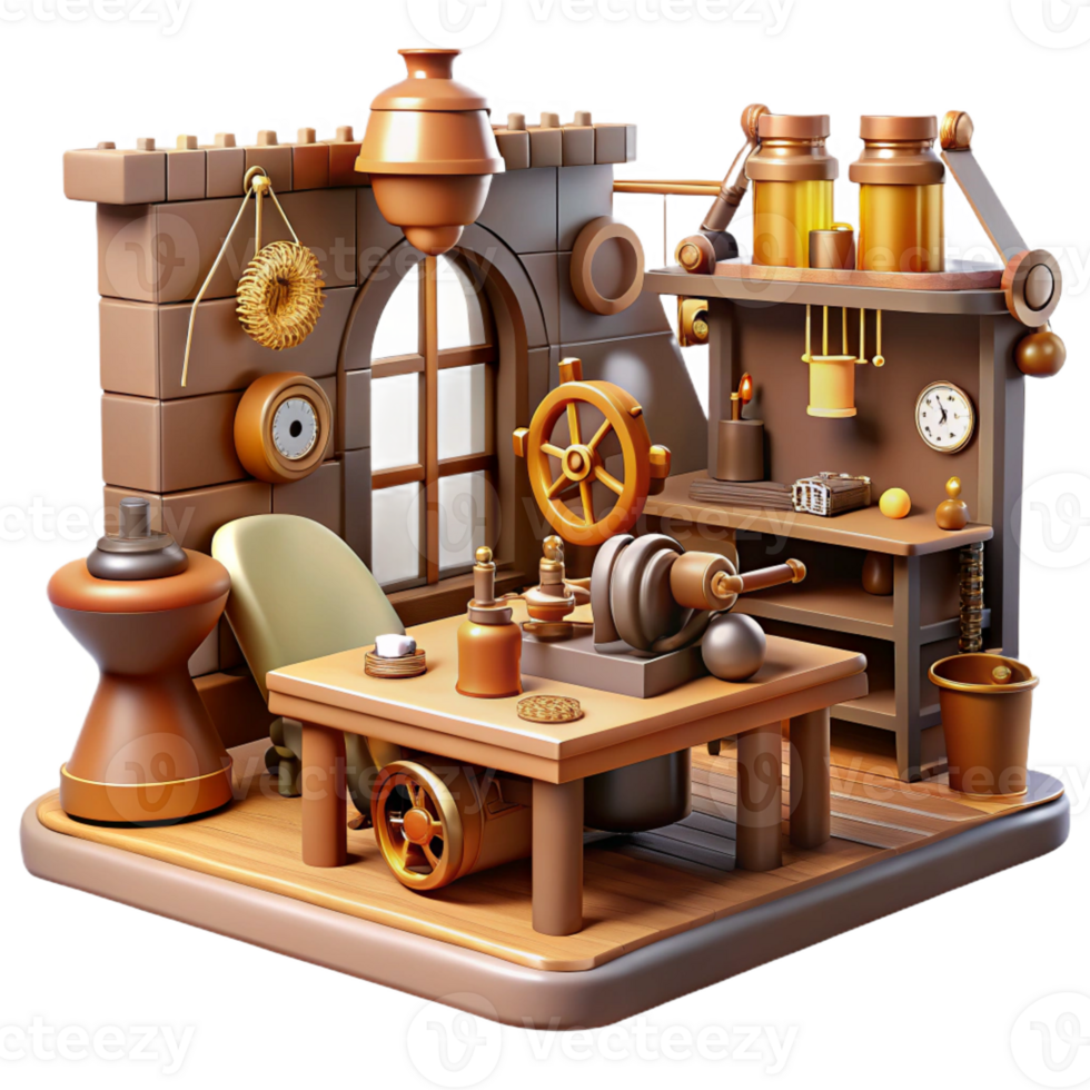 beautiful artistic A steampunk workshop, cluttered with tools, gears, and half-finished inventions, warm, natural lighting, realistic style exclusive png