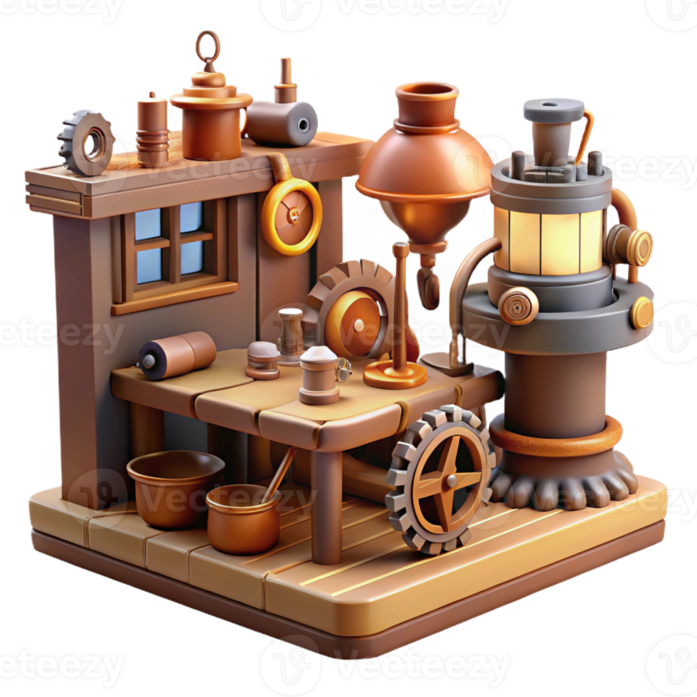 beautiful traditional A steampunk workshop, cluttered with tools, gears, and half-finished inventions, warm, natural lighting, realistic style original png