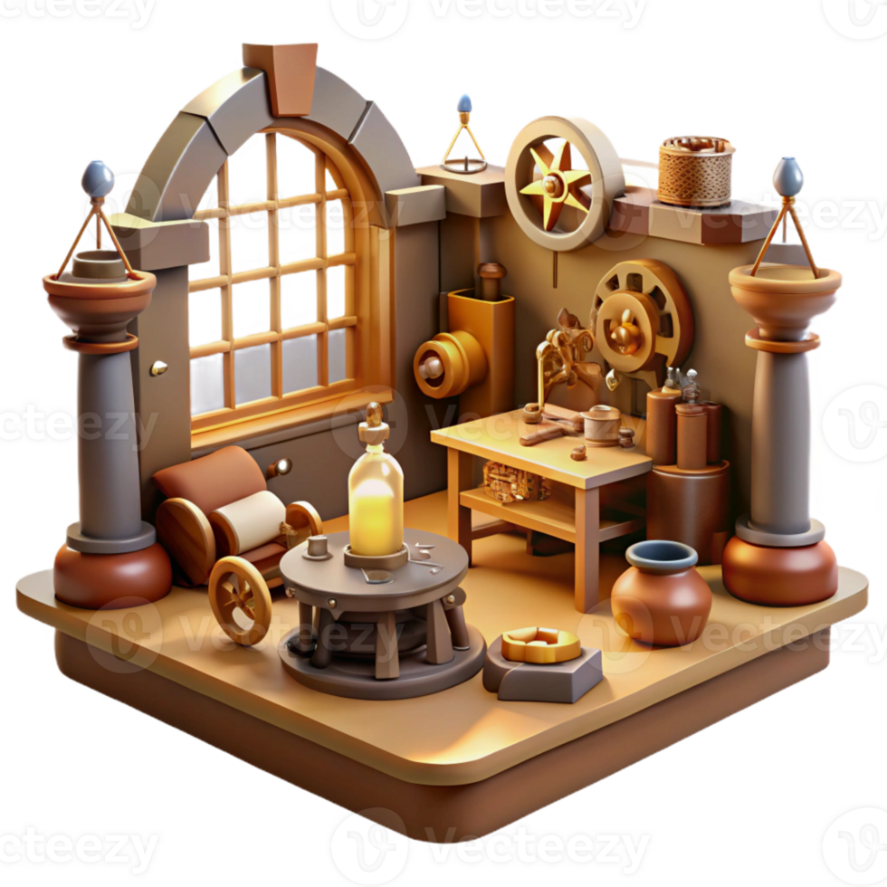 wonderful abstract A steampunk workshop, cluttered with tools, gears, and half-finished inventions, warm, natural lighting, realistic style 4K png