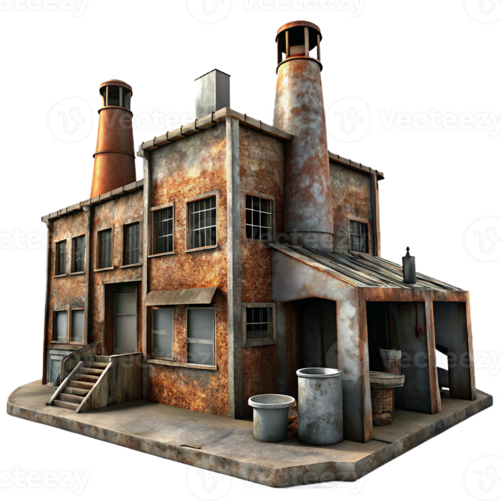 serene abstract A decaying industrial factory, rusted metal, broken windows, overcast sky, gritty realism, dystopian setting original png
