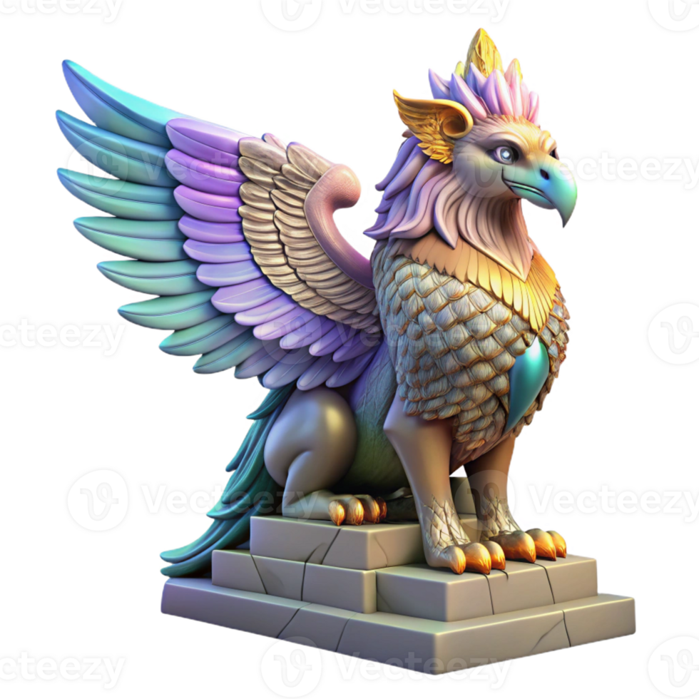 stunning creative A majestic griffin with iridescent feathers, perched atop a crumbling ziggurat bathed in the golden light of a setting sun. Intricate Art Deco style professional png