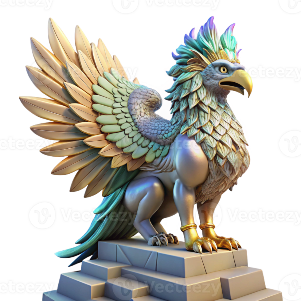 serene contemporary A majestic griffin with iridescent feathers, perched atop a crumbling ziggurat bathed in the golden light of a setting sun. Intricate Art Deco style genuine png