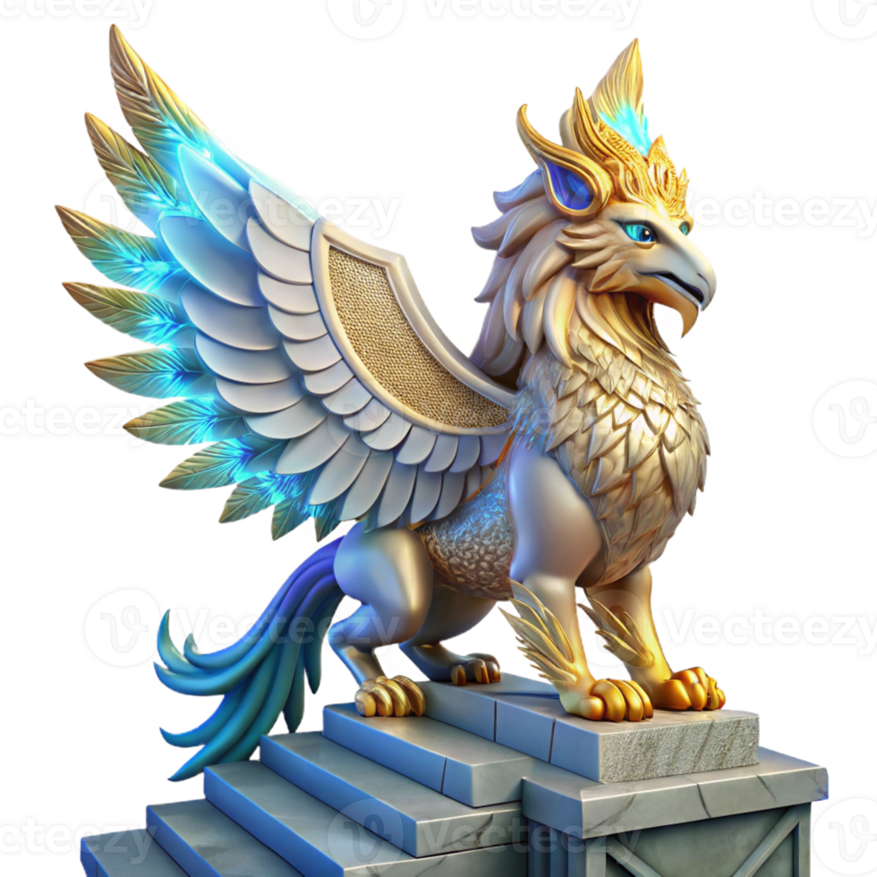stunning creative A majestic griffin with iridescent feathers, perched atop a crumbling ziggurat bathed in the golden light of a setting sun. Intricate Art Deco style detailed png