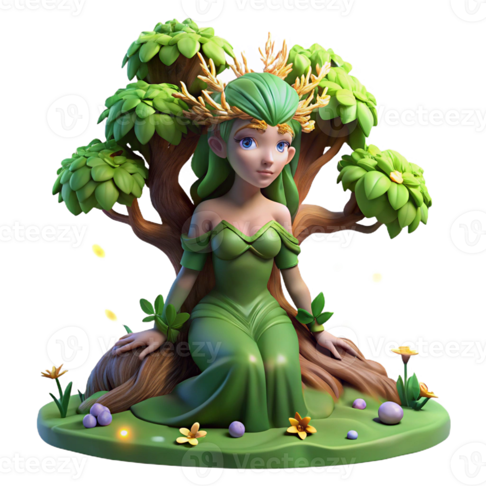 wonderful modern A serene dryad emerging from a giant oak tree, adorned with glowing moss and flowers, lit by soft, dappled sunlight. Romantic painting style genuine png