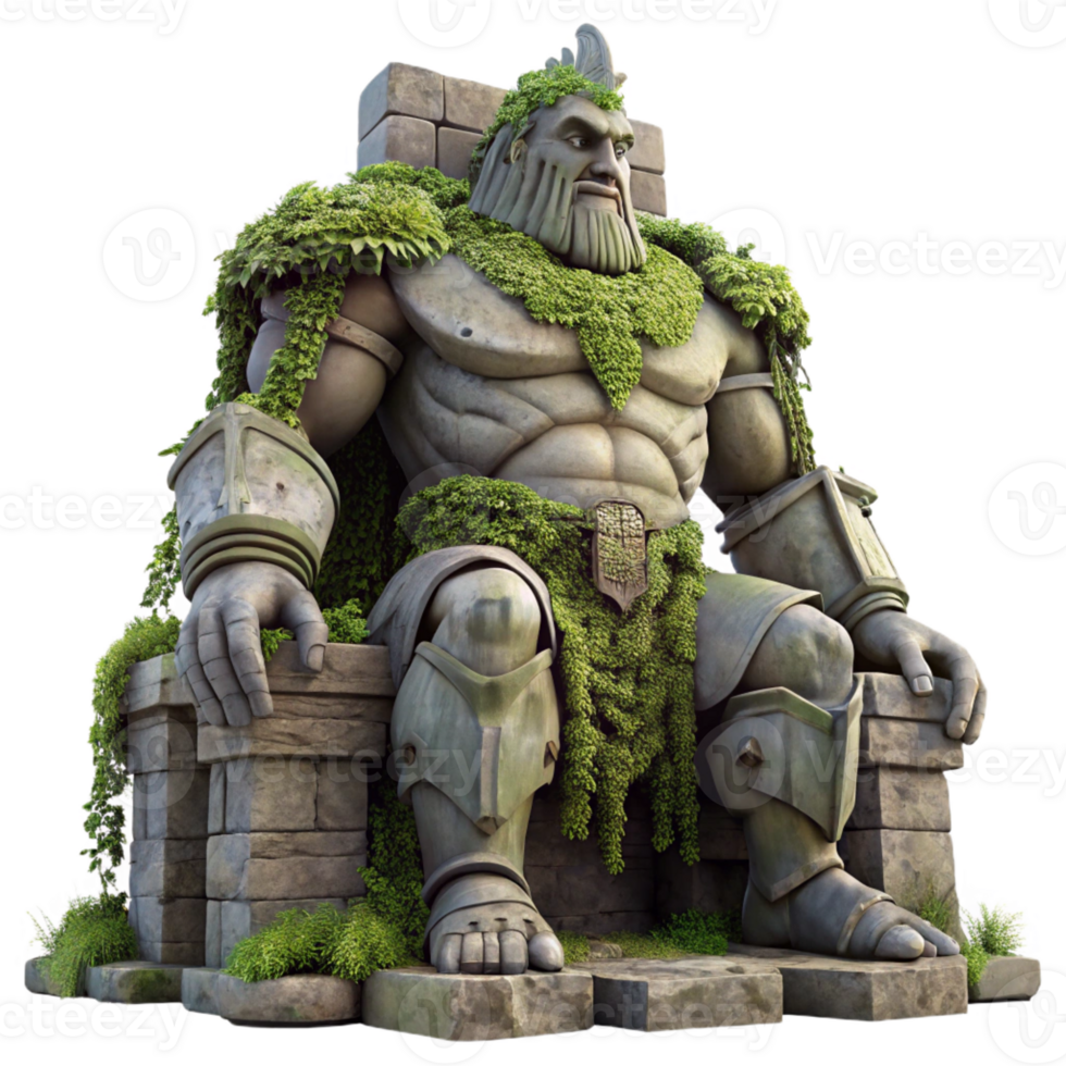 impressive contemporary A colossal statue of a forgotten god, crumbling stone, overgrown with vines, dramatic lighting, ancient civilization style authentic png