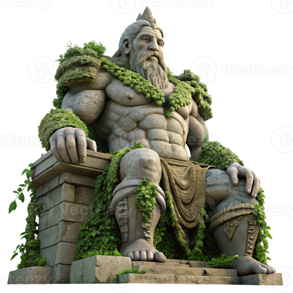 extraordinary modern A colossal statue of a forgotten god, crumbling stone, overgrown with vines, dramatic lighting, ancient civilization style authentic png