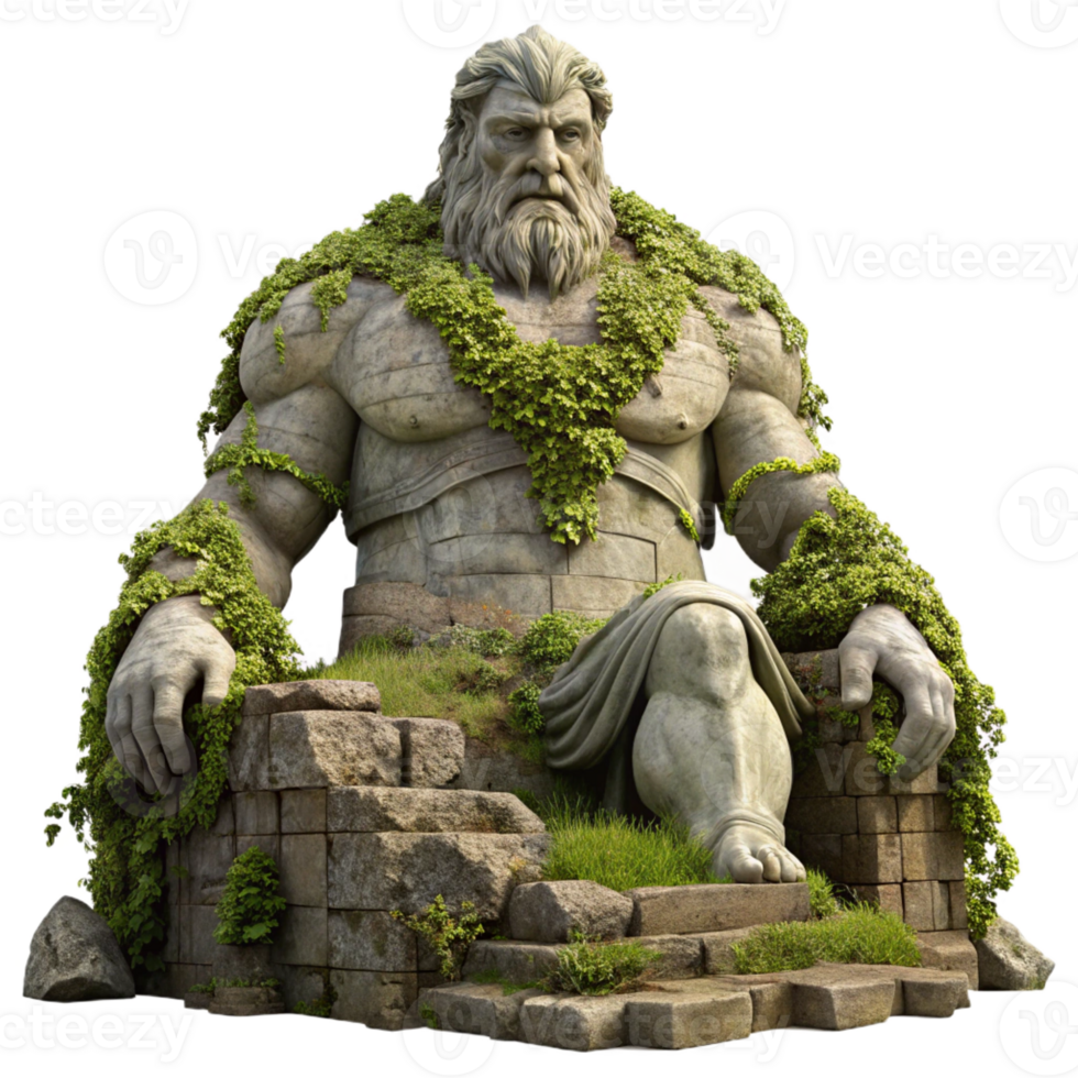 vibrant artistic A colossal statue of a forgotten god, crumbling stone, overgrown with vines, dramatic lighting, ancient civilization style original png