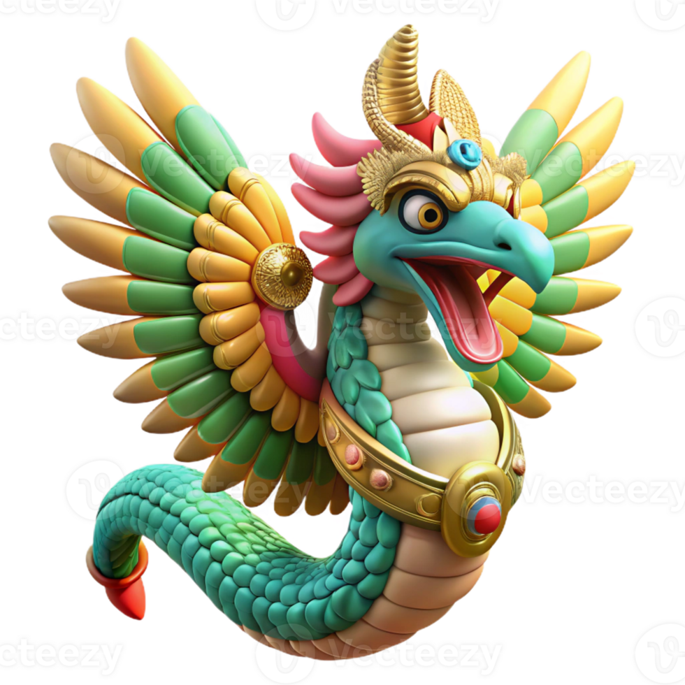 impressive vintage Quetzalcoatl, the feathered serpent god, descending from the heavens, scales shimmering with vibrant colors, illuminated by a divine light. Mesoamerican art style high resolution png