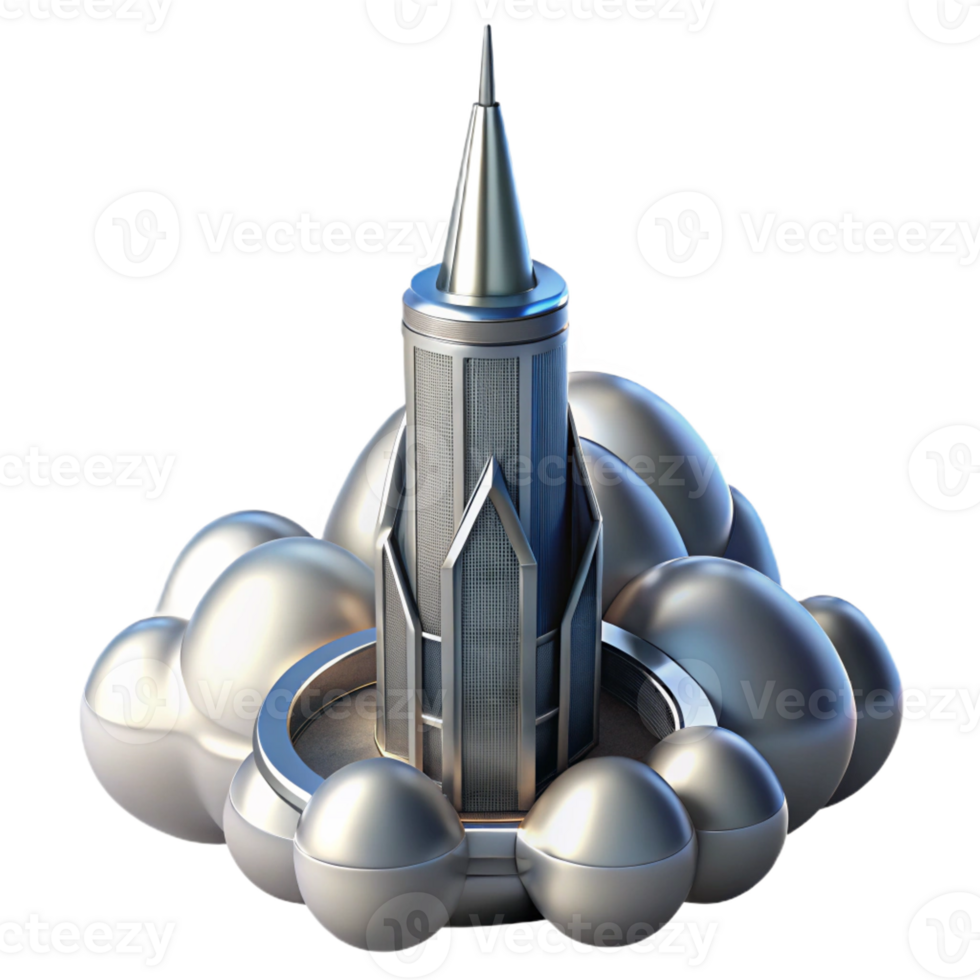 serene classic A futuristic skyscraper piercing the clouds, sleek metallic design, bright sunlight, aerial perspective original png