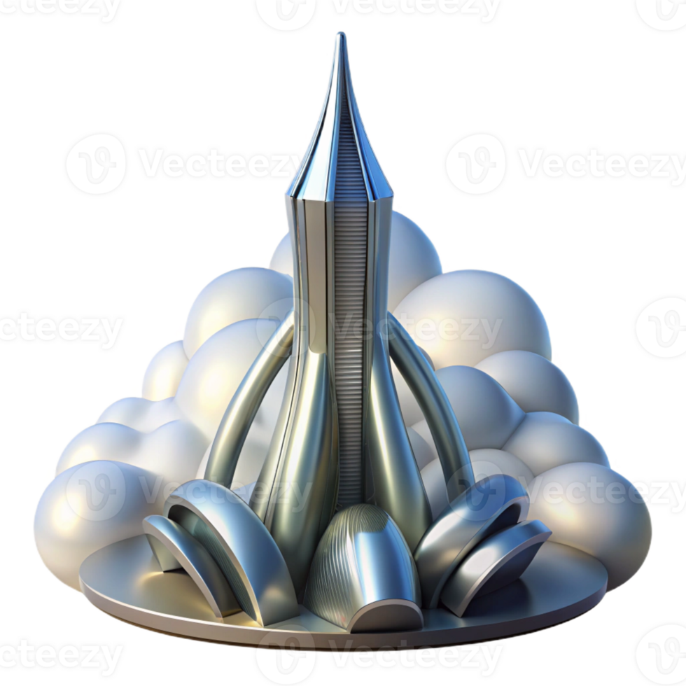 impressive abstract A futuristic skyscraper piercing the clouds, sleek metallic design, bright sunlight, aerial perspective high quality png