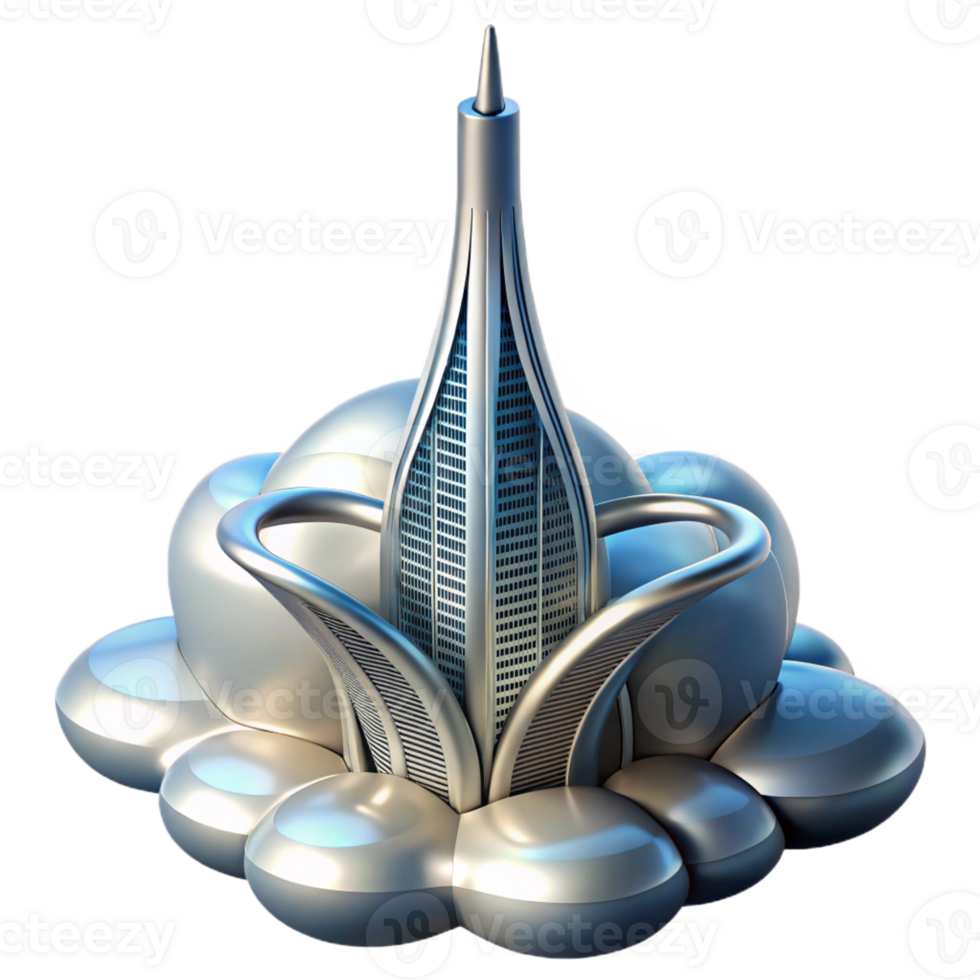 impressive minimalist A futuristic skyscraper piercing the clouds, sleek metallic design, bright sunlight, aerial perspective high quality png