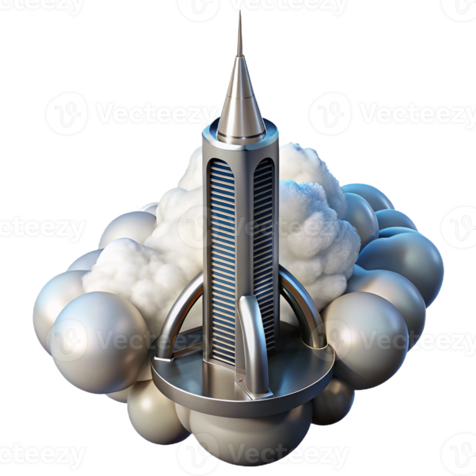 serene modern A futuristic skyscraper piercing the clouds, sleek metallic design, bright sunlight, aerial perspective original png