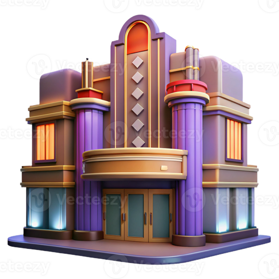 serene artistic An art deco cinema, geometric facade, neon marquee, vintage glamour, nighttime setting exclusive png