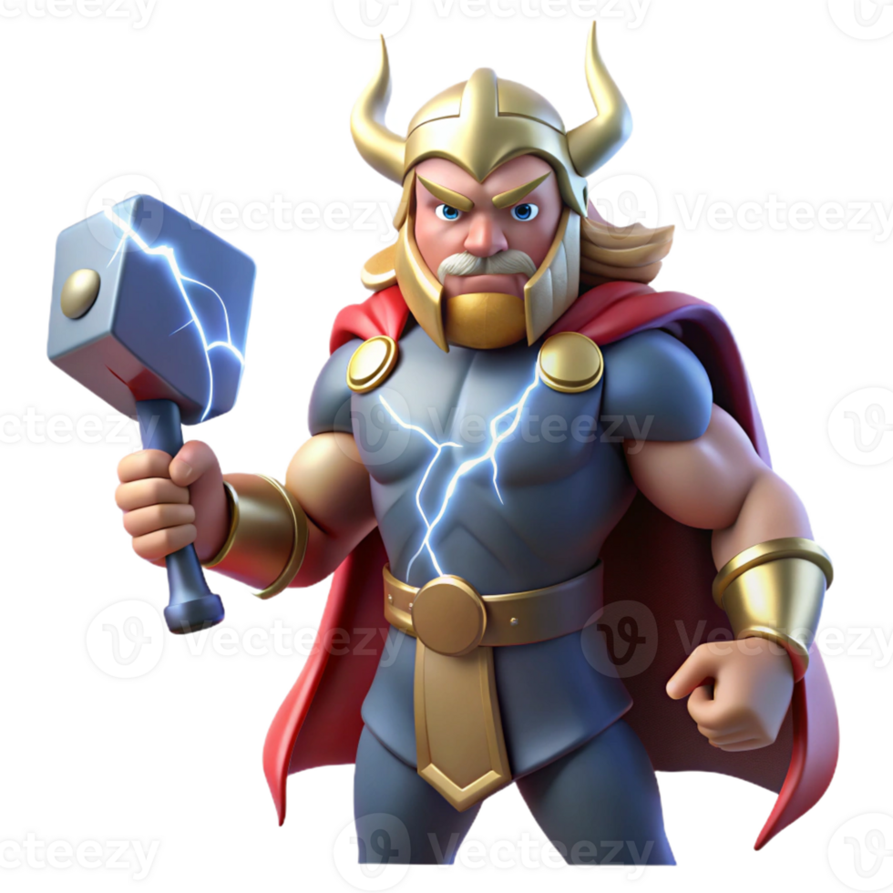 magnificent traditional Thor, the Norse god of thunder, wielding Mjolnir amidst a raging thunderstorm, illuminated by lightning strikes. Comic book style genuine png