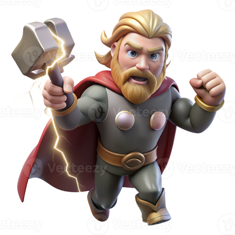 beautiful minimalist Thor, the Norse god of thunder, wielding Mjolnir amidst a raging thunderstorm, illuminated by lightning strikes. Comic book style original png