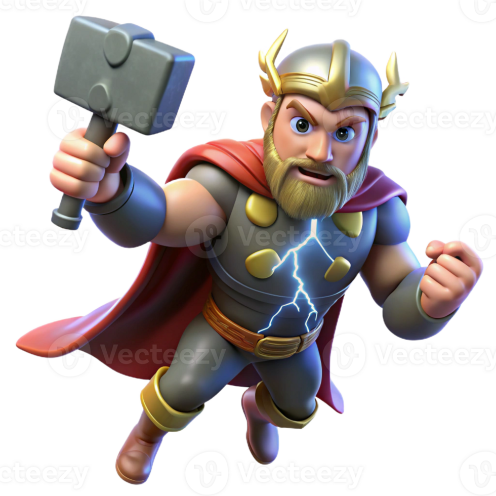 extraordinary minimalist Thor, the Norse god of thunder, wielding Mjolnir amidst a raging thunderstorm, illuminated by lightning strikes. Comic book style professional png