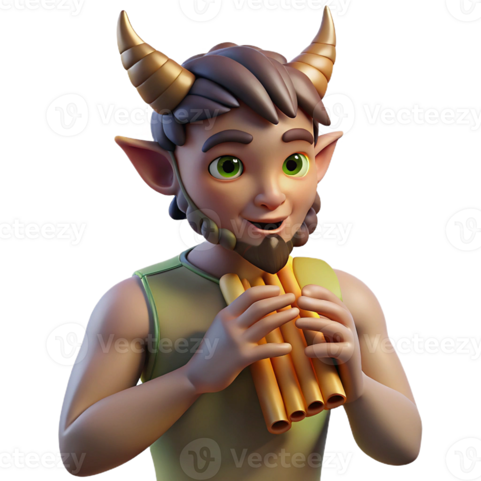 magnificent classic A mischievous satyr playing a pan flute in a sun-drenched forest glade, illuminated by dappled sunlight. Impressionist style authentic png