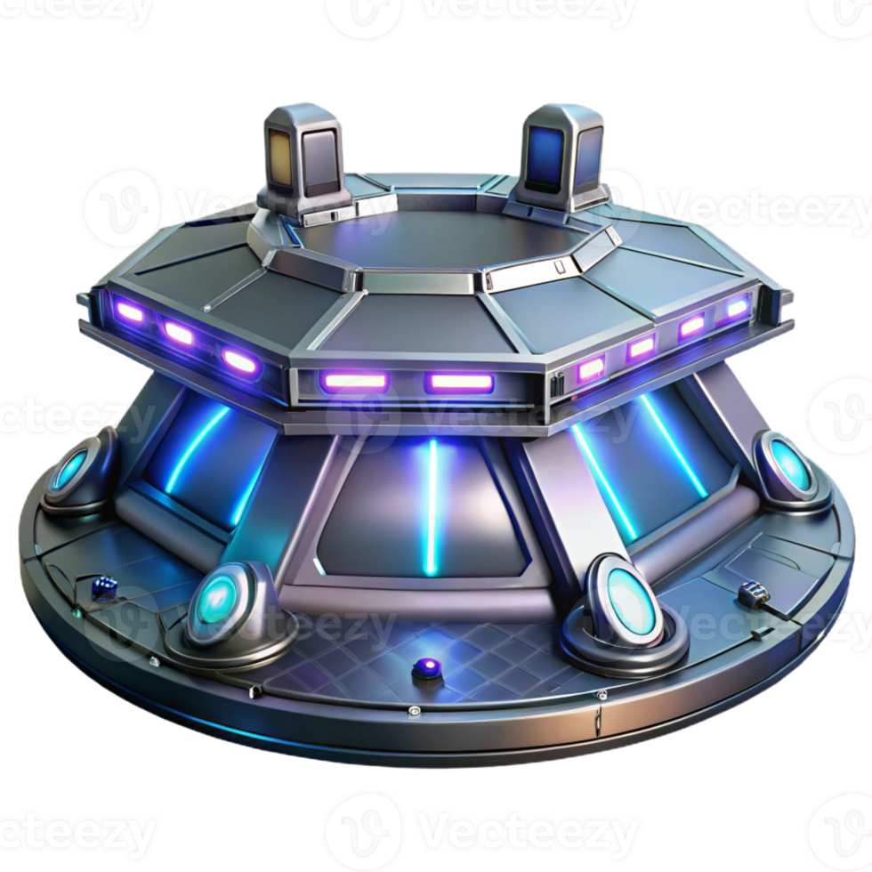 stunning vintage A futuristic spaceship landing platform, glowing lights, sleek metallic surfaces, nighttime cityscape, cyberpunk style premium png