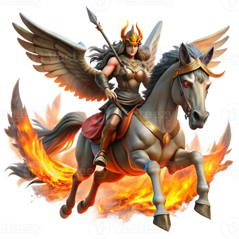 magnificent minimalist A powerful Valkyrie riding a winged horse through a fiery battlefield, illuminated by the glow of burning buildings. Epic fantasy art style genuine png