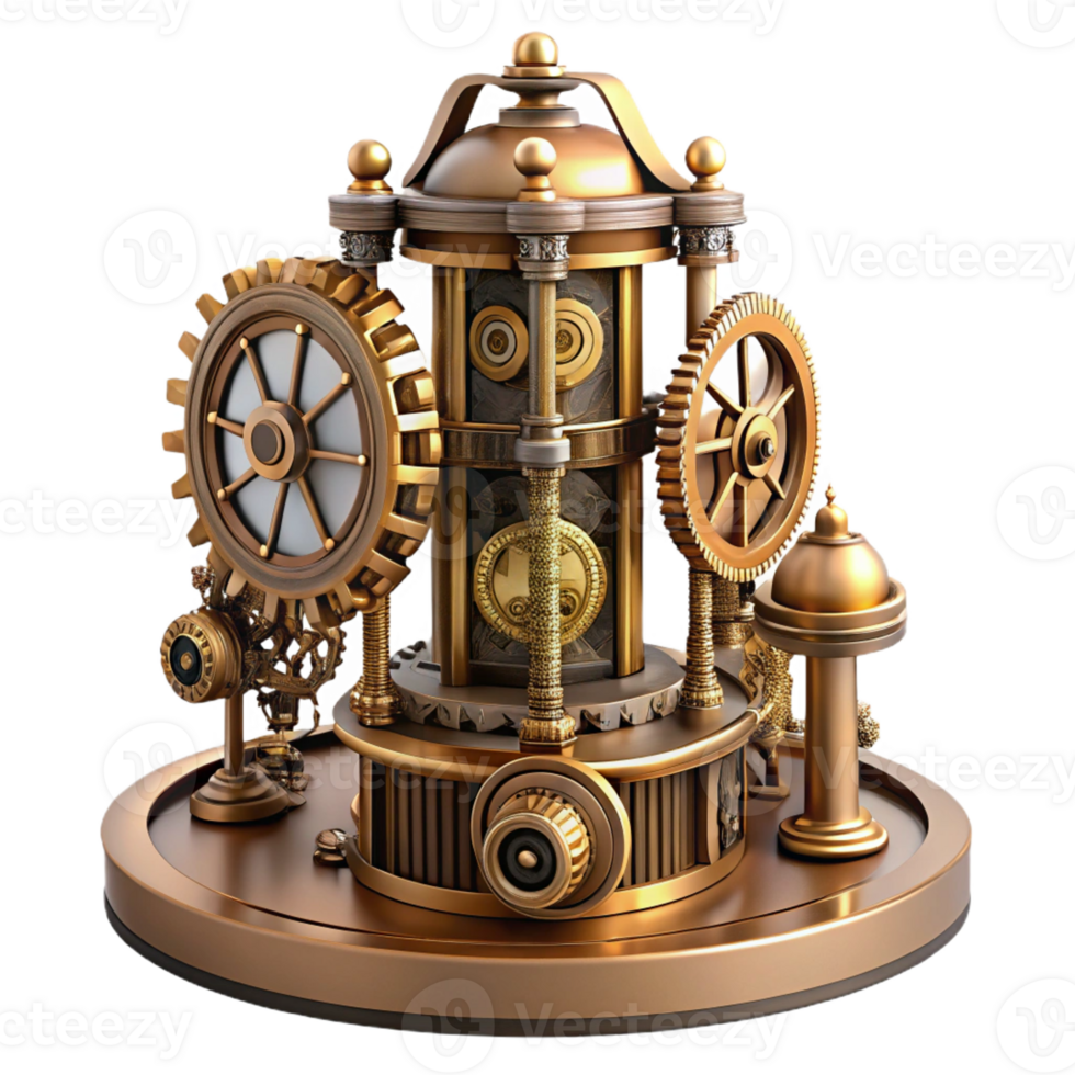 dramatic abstract An intricate clockwork tower, gears and cogs, steampunk style, intricate details, brass and copper finish 4K png