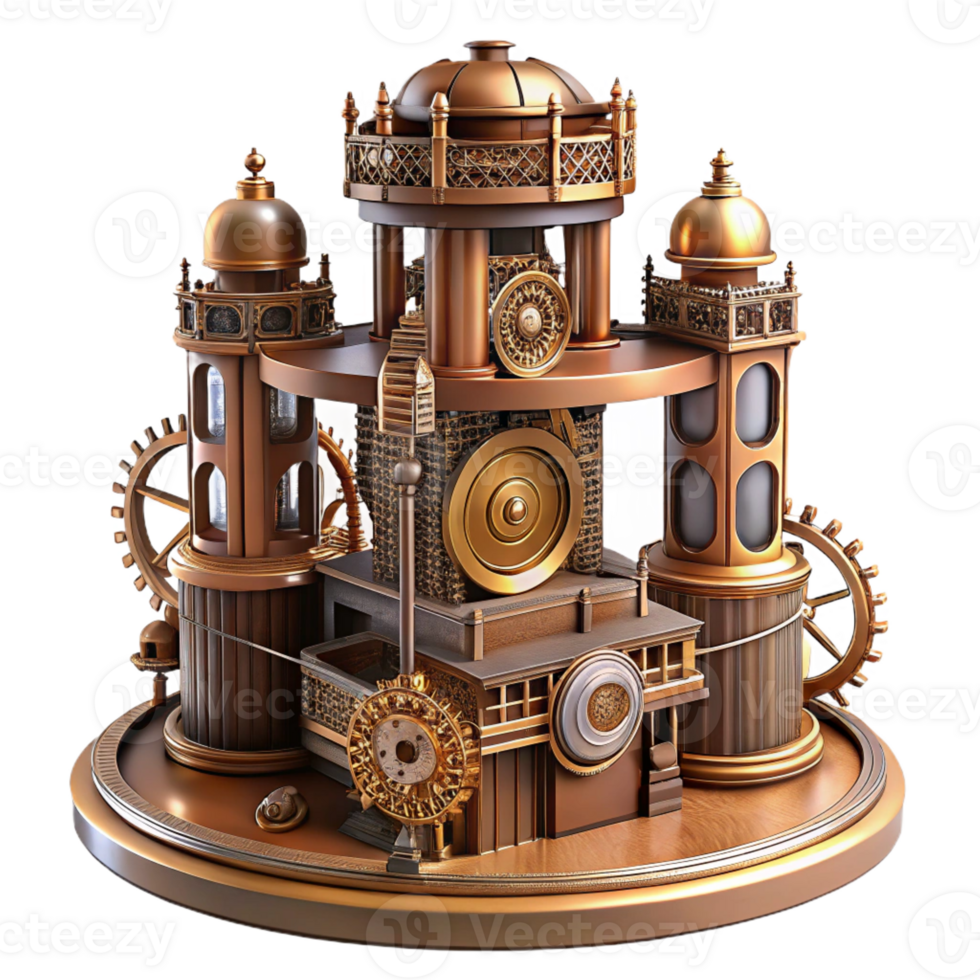 impressive rustic An intricate clockwork tower, gears and cogs, steampunk style, intricate details, brass and copper finish high resolution png