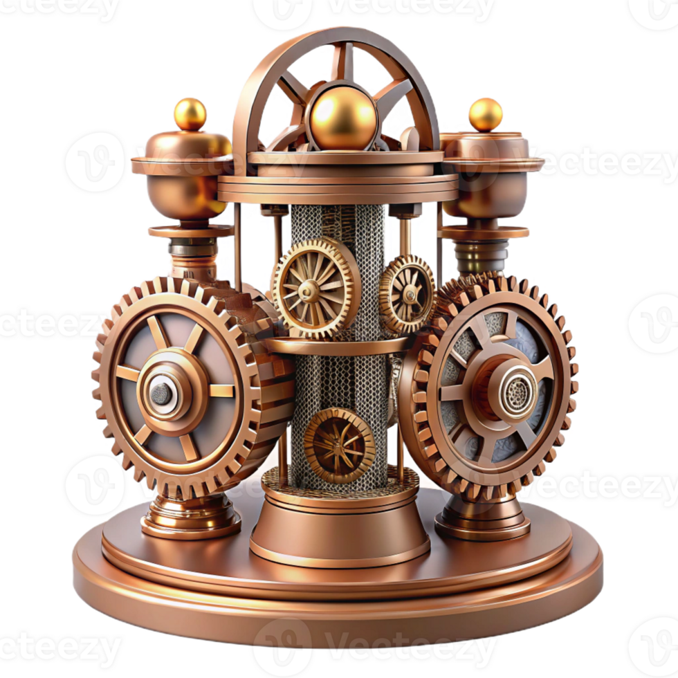 serene creative An intricate clockwork tower, gears and cogs, steampunk style, intricate details, brass and copper finish detailed png