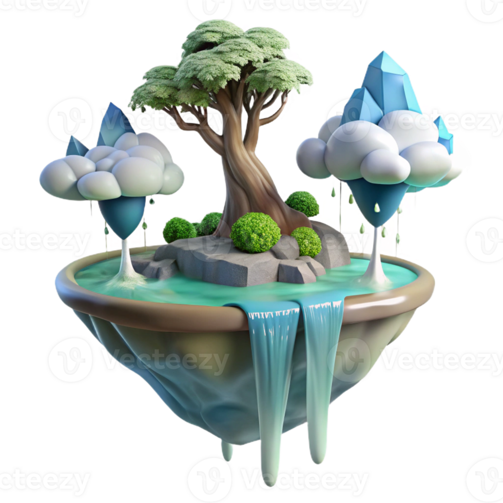 magnificent creative A floating island with a single tree, waterfalls cascading down, ethereal lighting, fantasy setting exclusive png