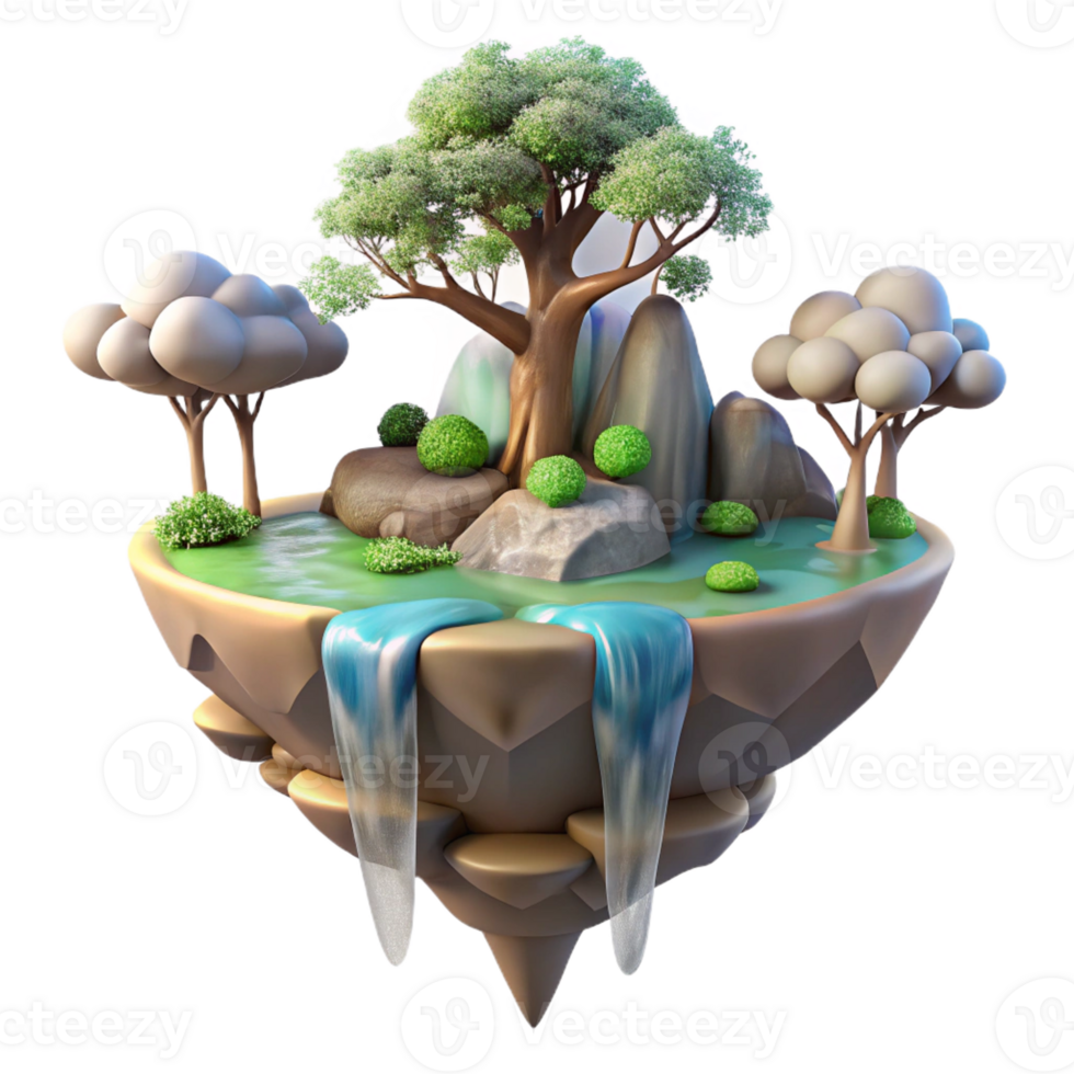 elegant abstract A floating island with a single tree, waterfalls cascading down, ethereal lighting, fantasy setting original png