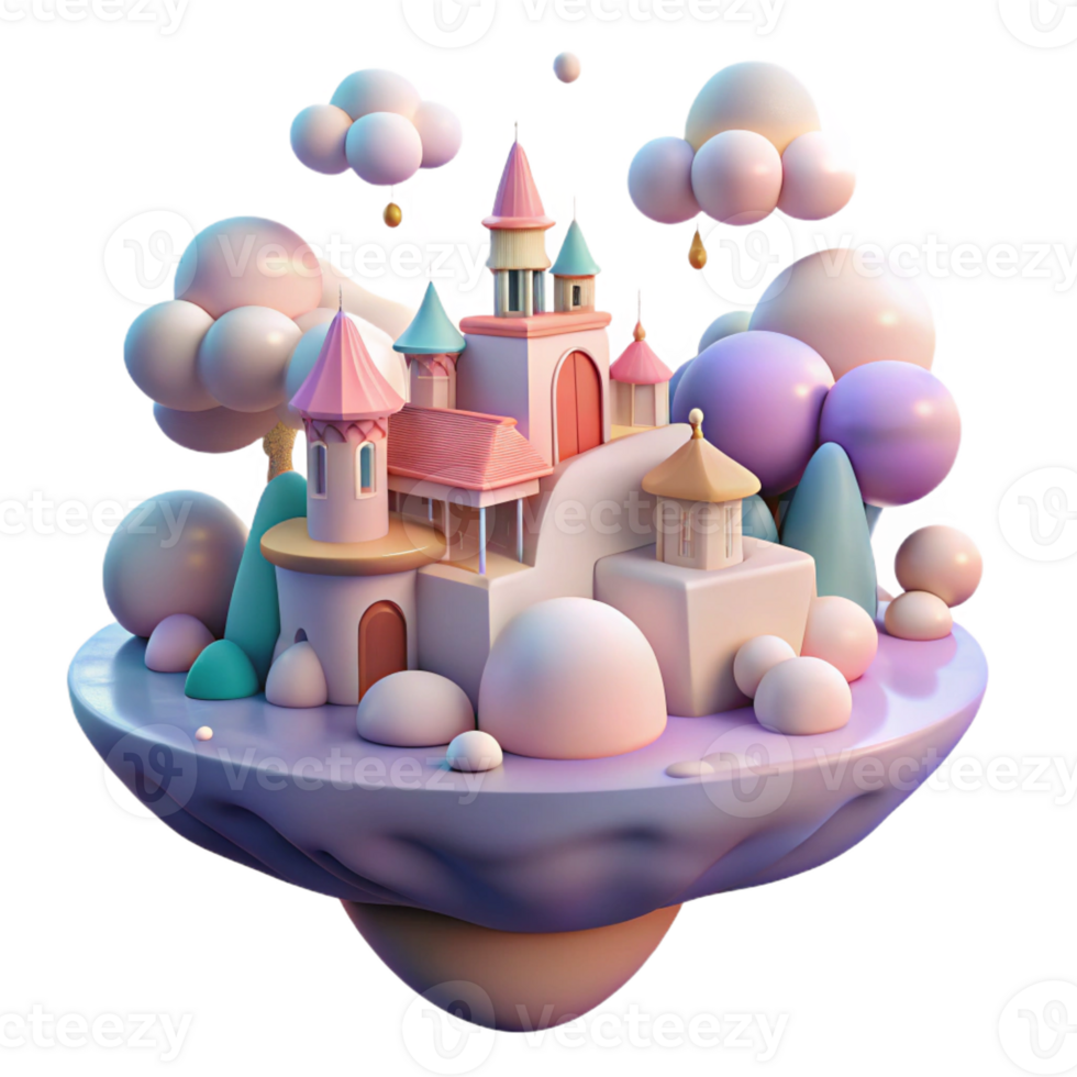stunning modern A dreamlike landscape with floating buildings, pastel colors, soft lighting, surreal atmosphere high resolution png