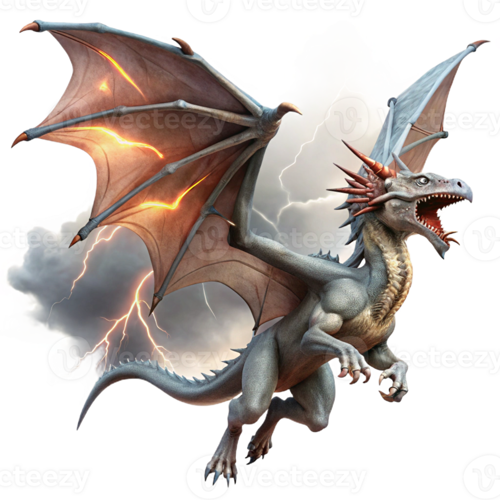 beautiful creative A majestic dragon soaring through a stormy sky, its scales shimmering, illuminated by lightning strikes. Epic fantasy art style original png