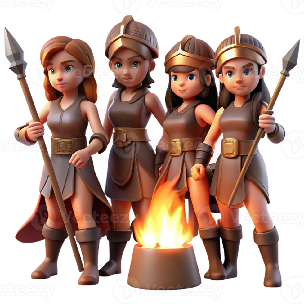 wonderful minimalist A group of Amazons preparing for battle, adorned with leather armor and wielding spears, illuminated by the warm glow of a campfire. Realistic style original png