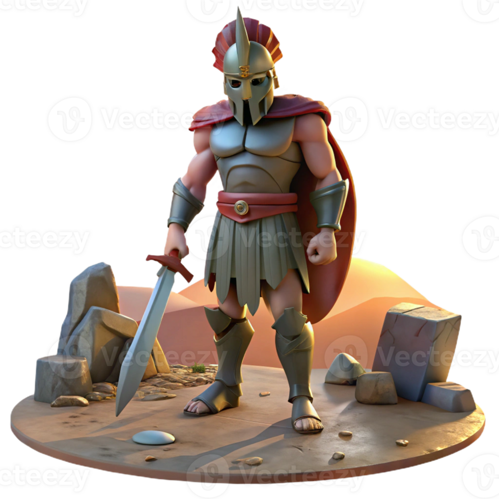 magnificent creative A stoic Spartan warrior standing amidst a ruined battlefield, holding a bloodied sword, illuminated by a setting sun. Realistic style genuine png