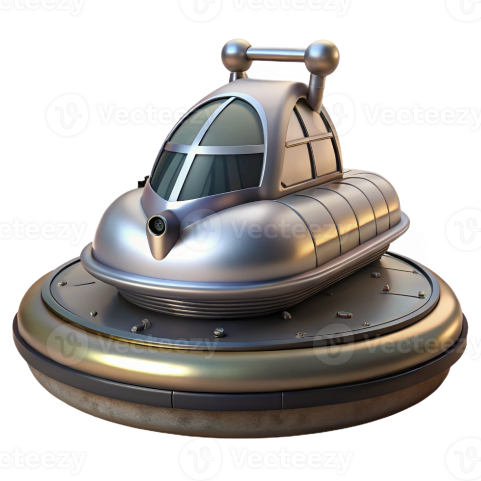 elegant artistic A futuristic hovercraft parked on a rooftop helipad, sleek metallic design, cityscape backdrop detailed png