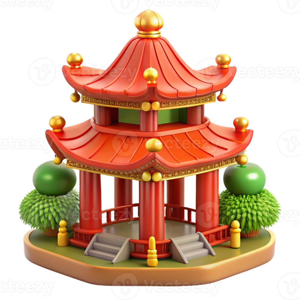 beautiful modern A traditional Chinese pagoda, ornate details, vibrant red and gold colors, serene garden setting exclusive png