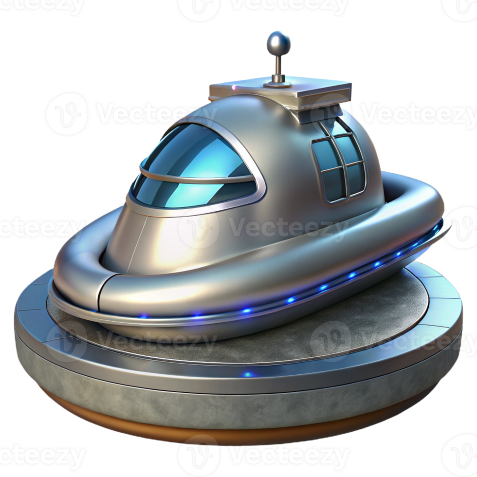 serene classic A futuristic hovercraft parked on a rooftop helipad, sleek metallic design, cityscape backdrop professional png
