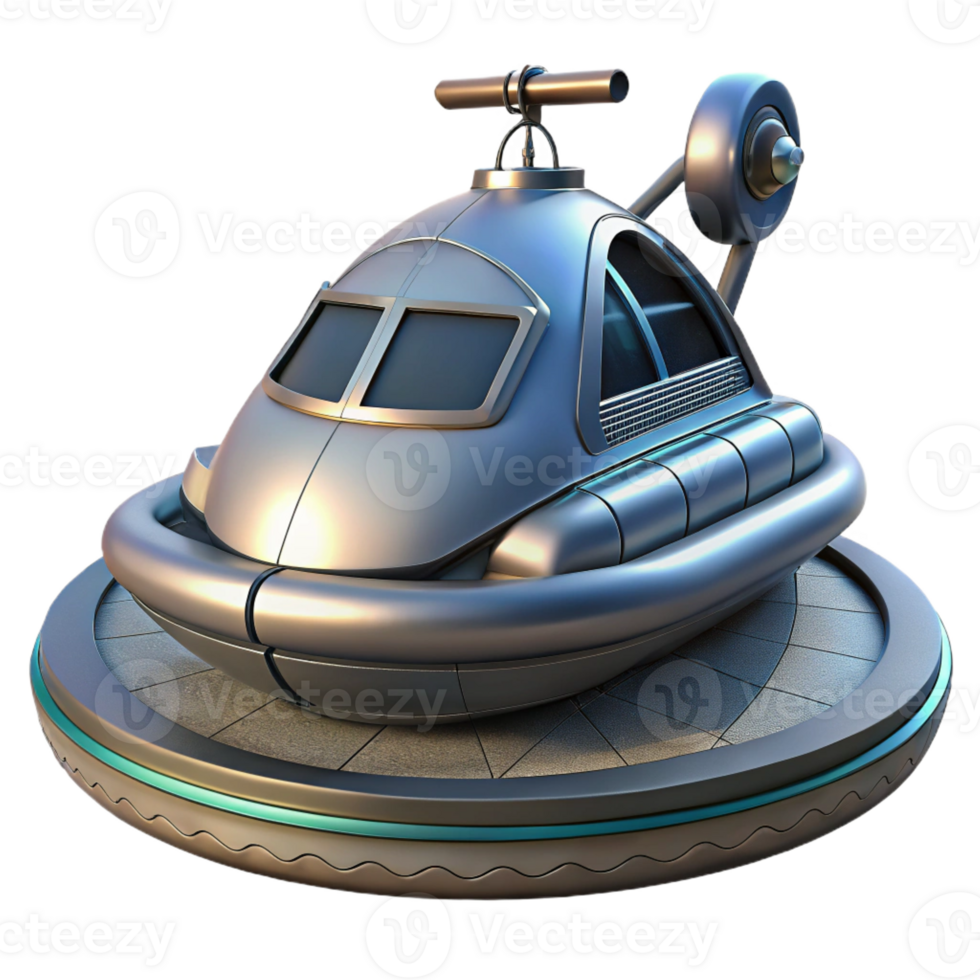 beautiful classic A futuristic hovercraft parked on a rooftop helipad, sleek metallic design, cityscape backdrop original png