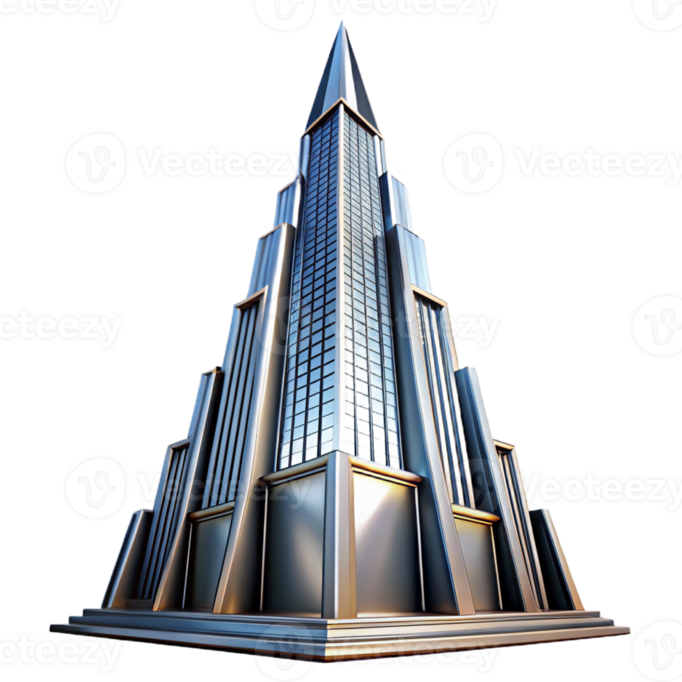 serene creative Art Deco skyscraper, chrome and glass, sharp lines, volumetric lighting, high contrast, low angle view genuine png