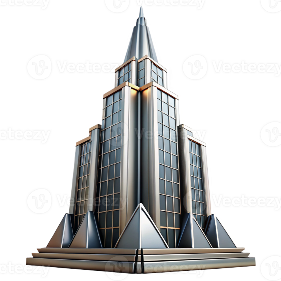 stunning artistic Art Deco skyscraper, chrome and glass, sharp lines, volumetric lighting, high contrast, low angle view detailed png