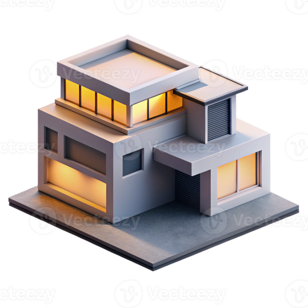 serene artistic Bauhaus style house, white and grey concrete, minimalist, harsh shadows, sunset lighting, isometric view detailed png