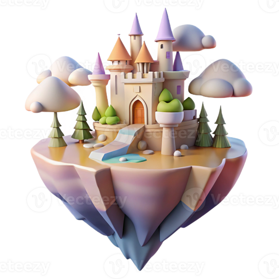 impressive rustic A floating island with castles and waterfalls, soft pastel colors, fantasy art style, golden hour lighting, bird's-eye view professional png